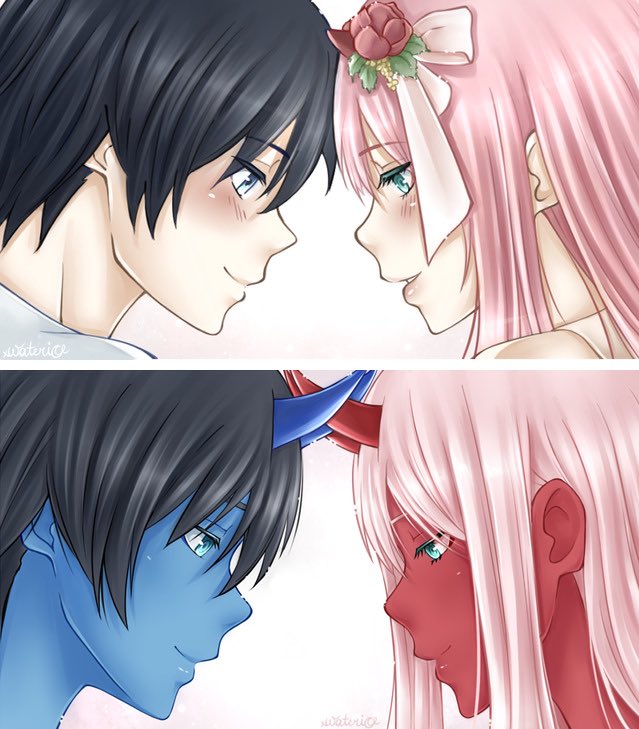 zero two and hiro (darling in the franxx) drawn by xwaterice