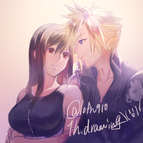 tifa lockhart, cloud strife, and fenrir (final fantasy and 2 more) drawn by kudou_asami