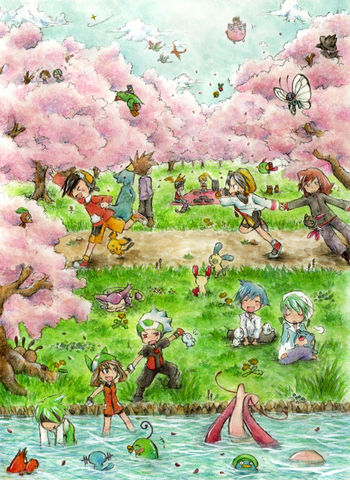 pikachu, may, red, ethan, blue oak, and 38 more (pokemon and 6 more) drawn by kazaori