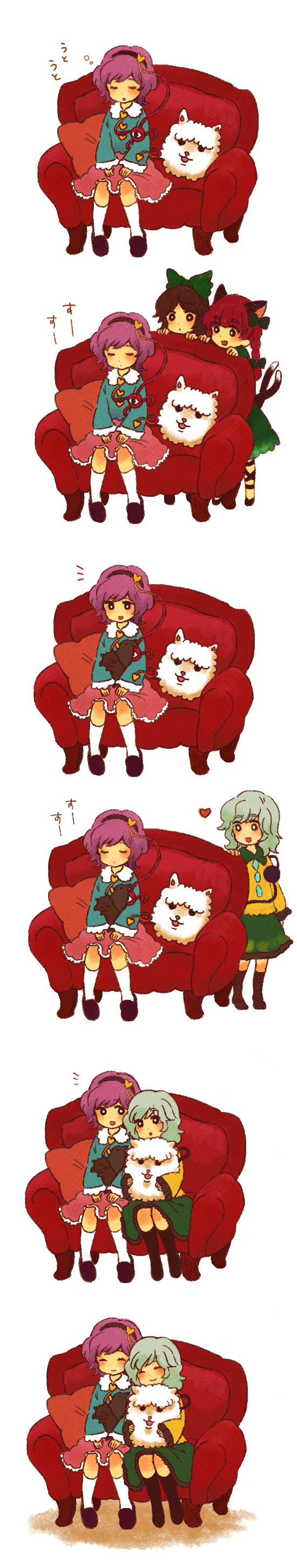 komeiji koishi, komeiji satori, kaenbyou rin, and reiuji utsuho (touhou) drawn by meeko