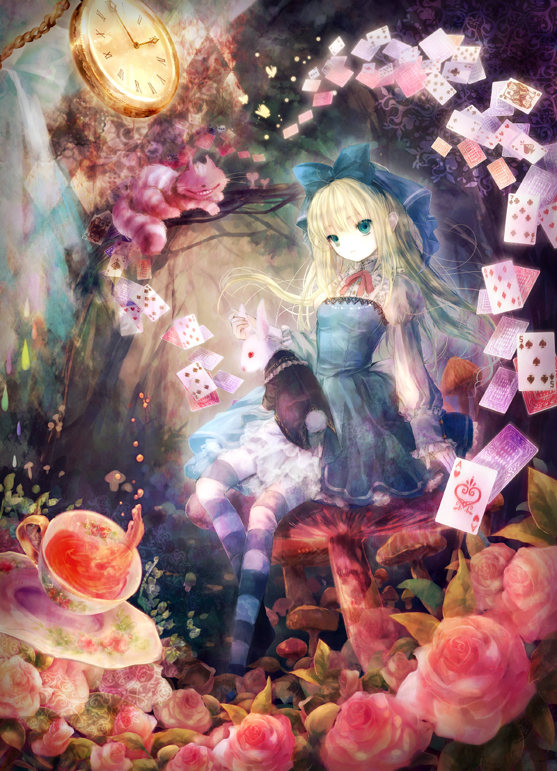 alice, white rabbit, and cheshire cat (alice's adventures in wonderland) drawn by onineko