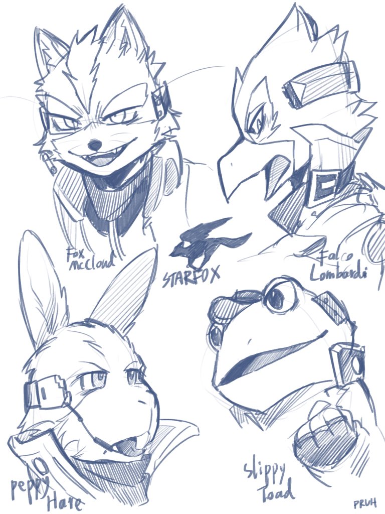 fox mccloud, falco lombardi, slippy toad, and peppy hare (star fox) drawn by pruh