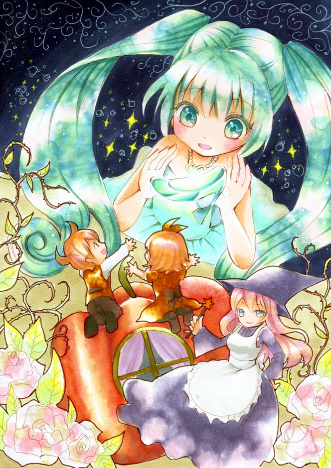 hatsune miku, kagamine rin, kagamine len, megurine luka, cinderella, and 3 more (vocaloid and 2 more) drawn by acha-1105