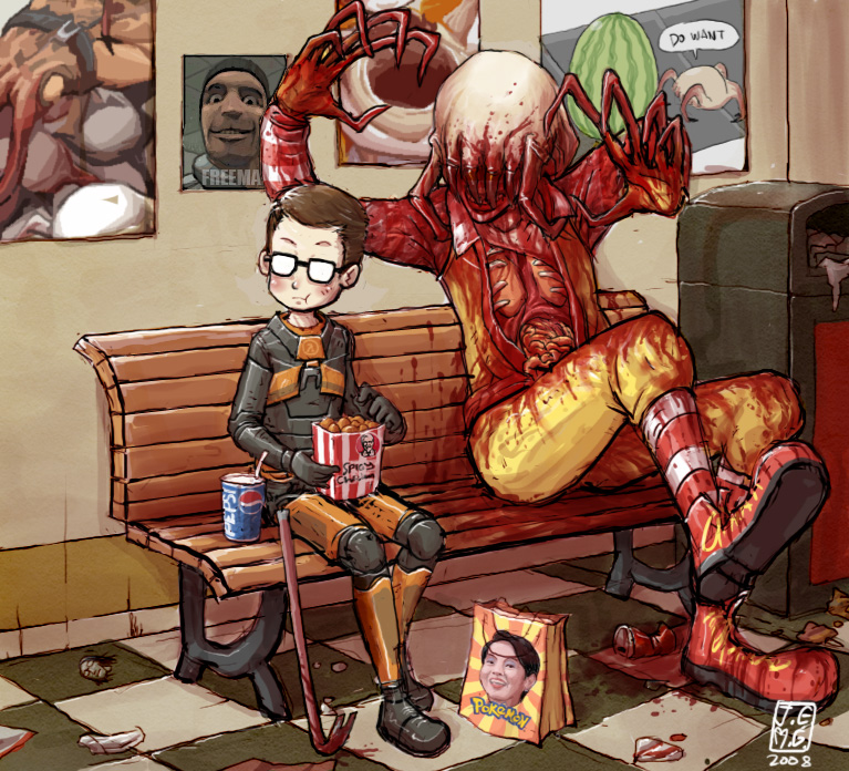 ronald mcdonald, gordon freeman, headcrab, lamarr, bullsquid, and 2 more (pokemon and 5 more) drawn by j-e-m-g