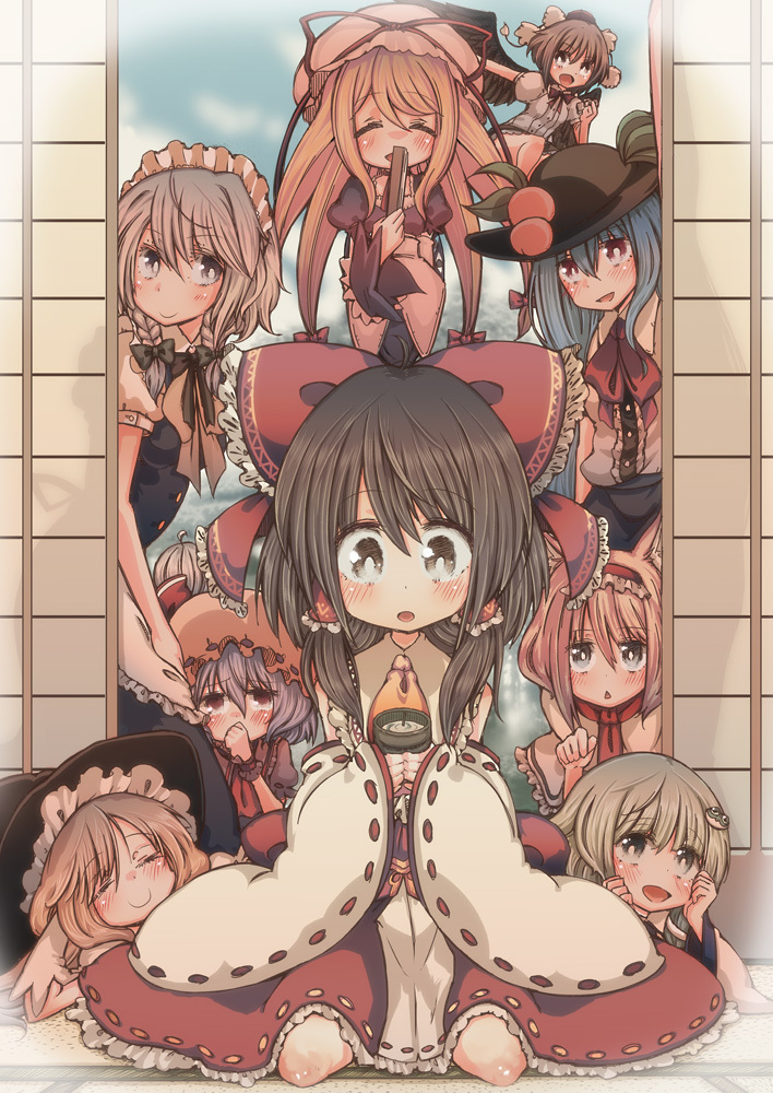hakurei reimu, kirisame marisa, remilia scarlet, izayoi sakuya, kochiya sanae, and 4 more (touhou) drawn by cream_(nipakupa)