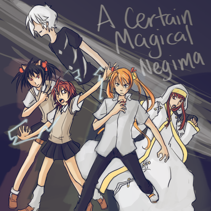 misaka mikoto, shirai kuroko, kamijou touma, accelerator, index, and 5 more (toaru majutsu no index and 1 more) drawn by drawfag
