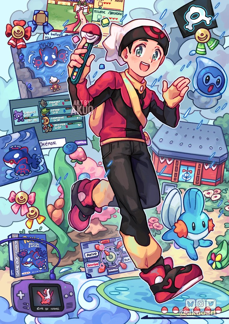 brendan, mudkip, latias, kyogre, sableye, and 5 more (pokemon and 1 more) drawn by akuo