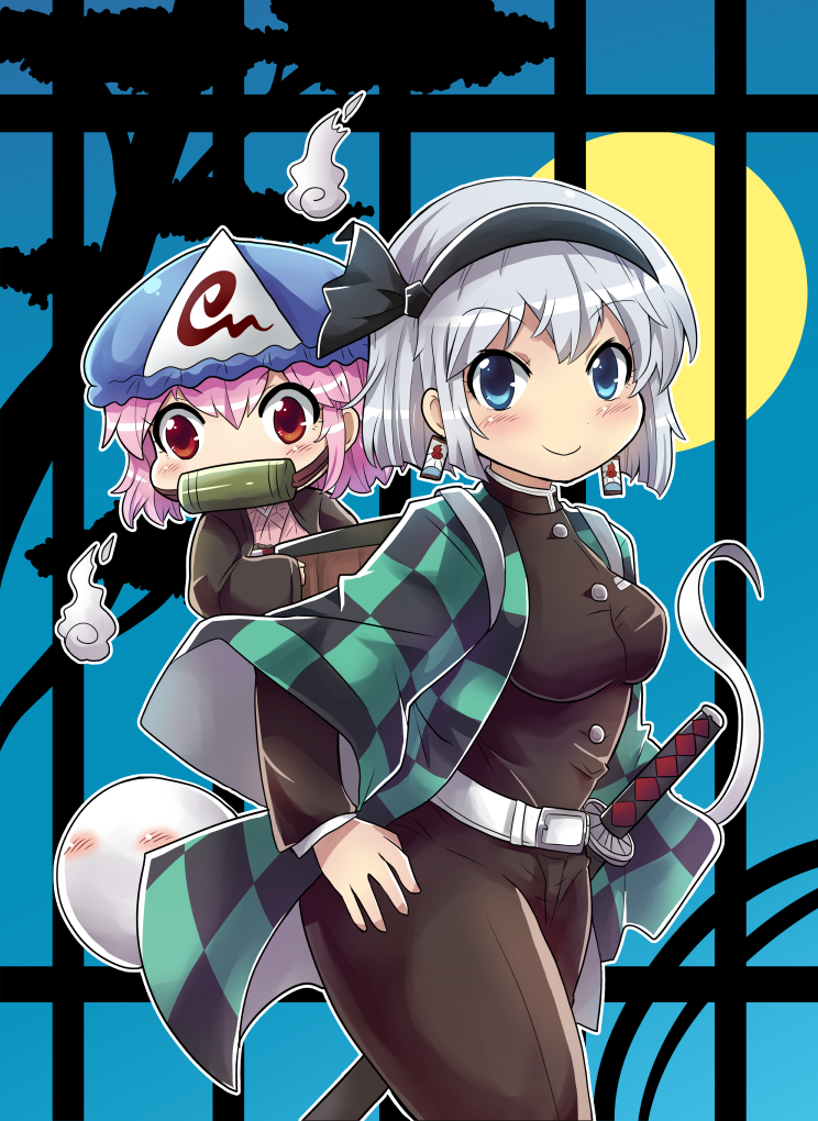 konpaku youmu, saigyouji yuyuko, kamado nezuko, and kamado tanjirou (touhou and 1 more) drawn by colonel_aki