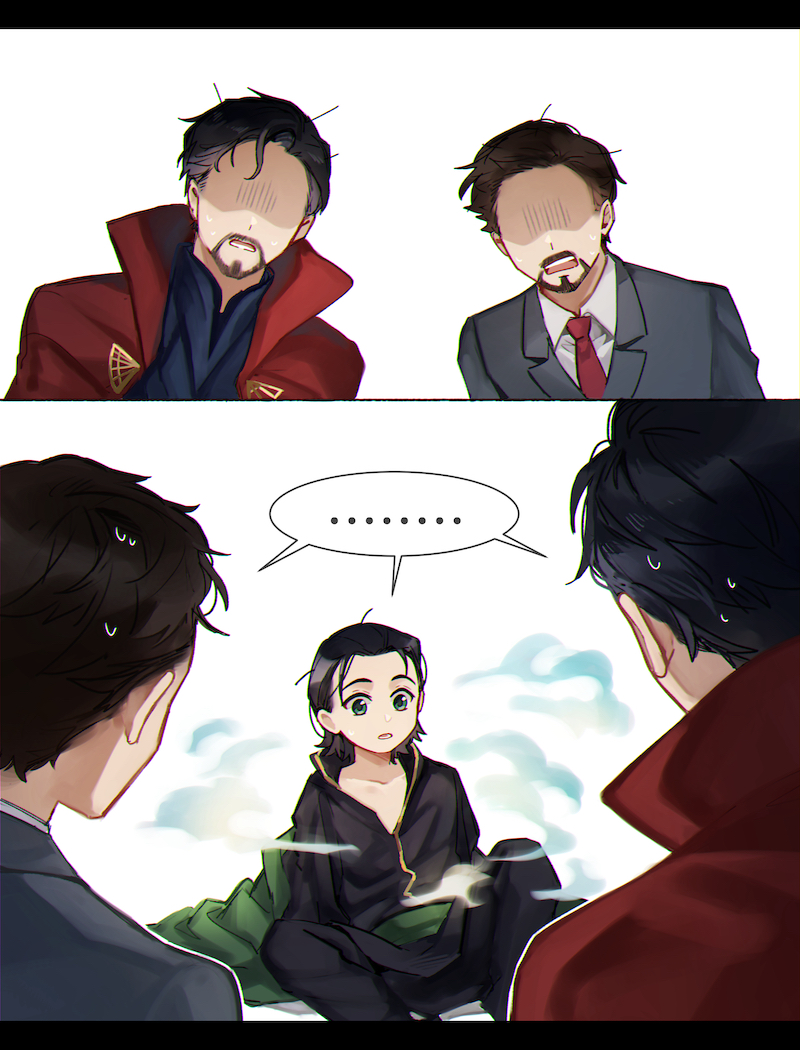 tony stark, loki, and doctor strange (marvel and 1 more) drawn by murdermuffinloki
