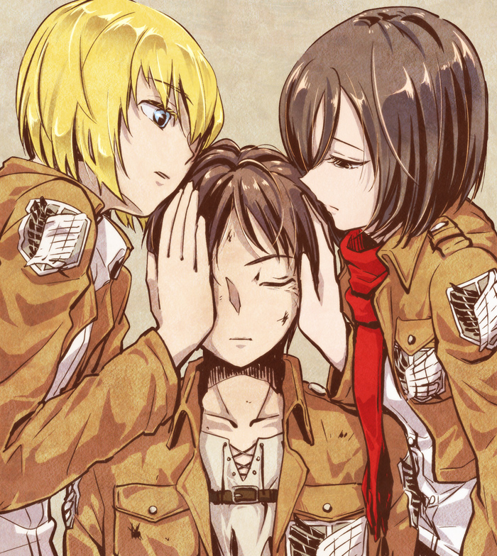 mikasa ackerman, eren yeager, and armin arlert (shingeki no kyojin) drawn by eggegg_05
