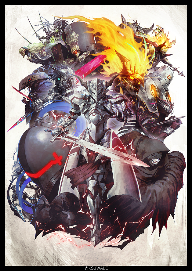 mordred, berserker, okada izou, antonio salieri, sigurd, and 8 more (fate and 3 more) drawn by k-suwabe