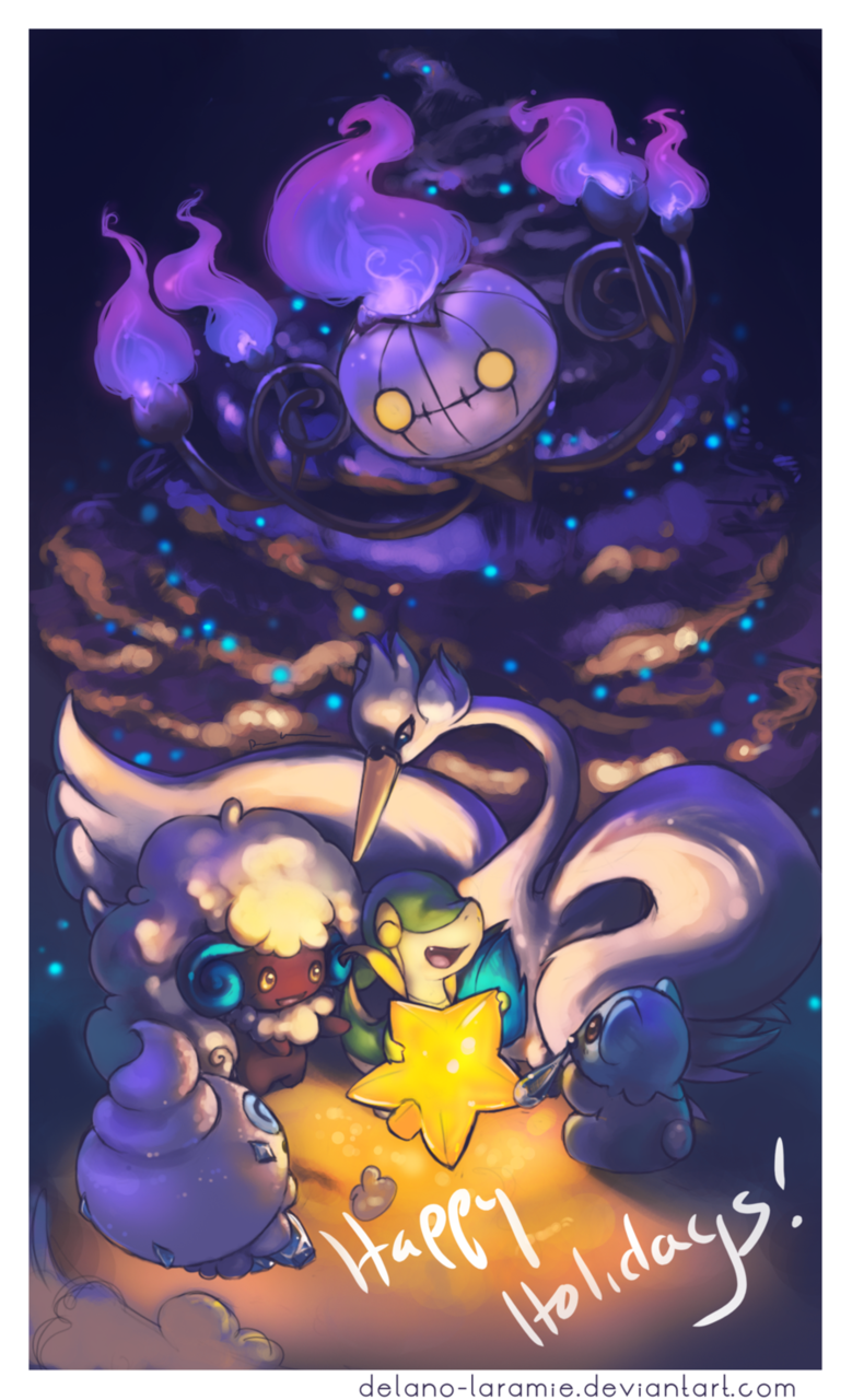 snivy, chandelure, whimsicott, vanillite, swanna, and 1 more (pokemon) drawn by delano-laramie