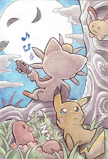 pikachu, meowth, sentret, and diglett (pokemon) drawn by oda_takashi
