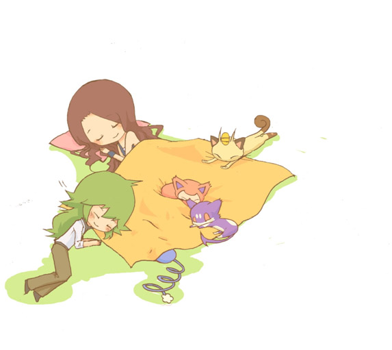 hilda, n, meowth, skitty, purrloin, and 1 more (pokemon and 4 more) drawn by sasa_(makura)