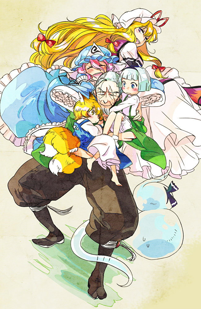 konpaku youmu, yakumo yukari, saigyouji yuyuko, yakumo ran, and konpaku youki (touhou) drawn by yukataro