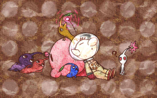 kirby, red pikmin, olimar, yellow pikmin, blue pikmin, and 2 more (kirby and 2 more)