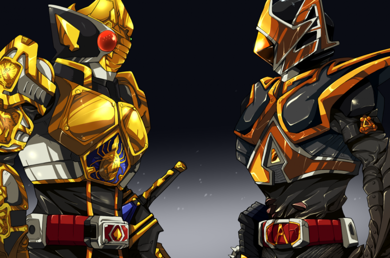 kamen rider blade and kamen rider glaive (kamen rider and 1 more) drawn by denji_(mugitomato)