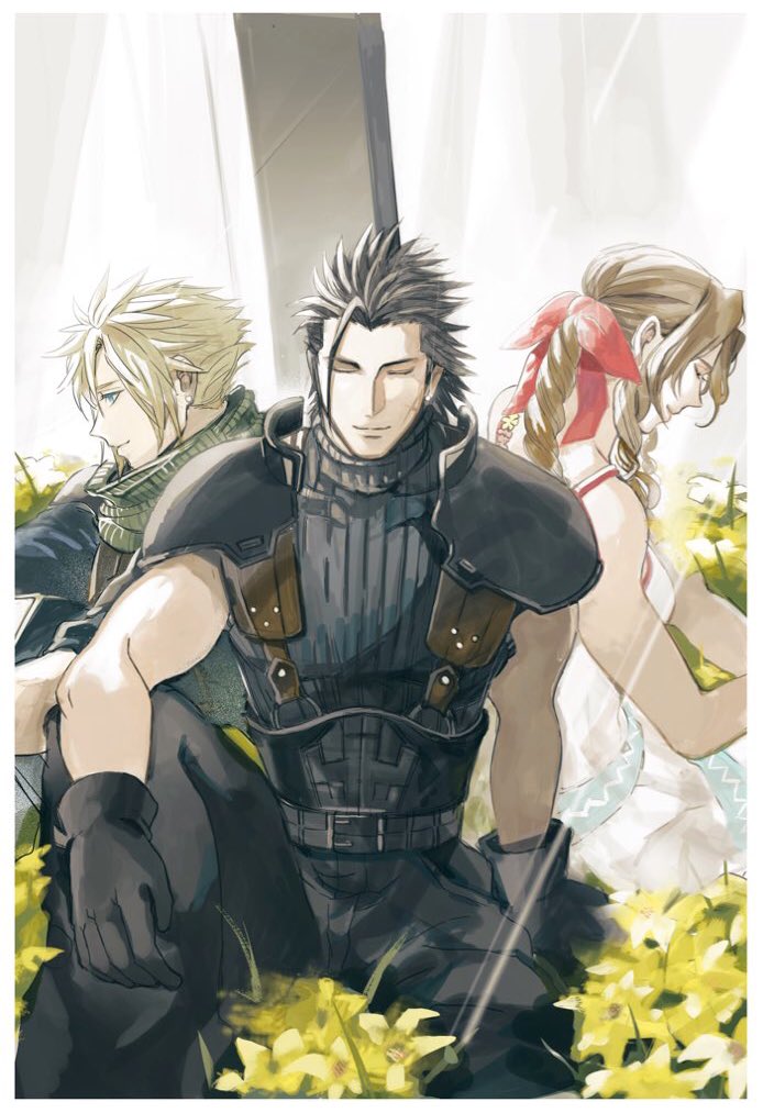 cloud strife, aerith gainsborough, and zack fair (final fantasy and 2 more) drawn by 2b_fff