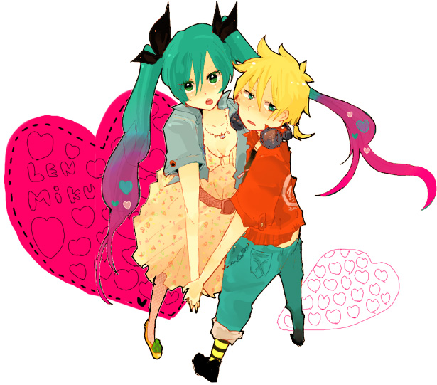hatsune miku and kagamine len (vocaloid) drawn by azuchi_(monica)