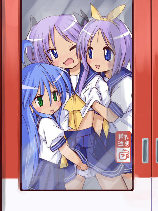 hiiragi kagami, izumi konata, and hiiragi tsukasa (lucky star) drawn by kanakana