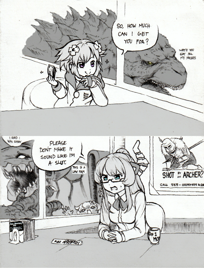 neptune, godzilla, nepgear, eva 01, solaire of astora, and 2 more (neon genesis evangelion and 8 more) drawn by isaki_tanaka