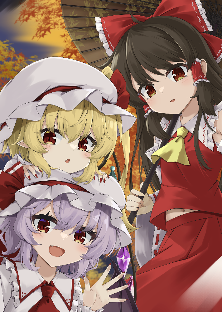 hakurei reimu, remilia scarlet, and flandre scarlet (touhou) drawn by akisome_hatsuka
