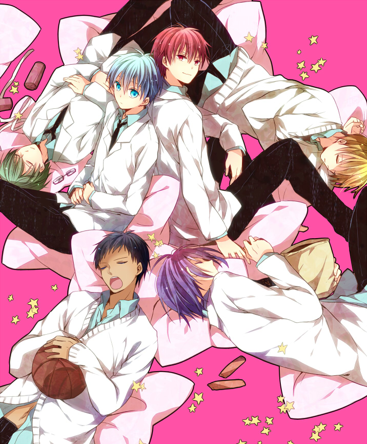 kuroko tetsuya, aomine daiki, kise ryouta, akashi seijuurou, midorima shintarou, and 1 more (kuroko no basuke) drawn by krk-anise