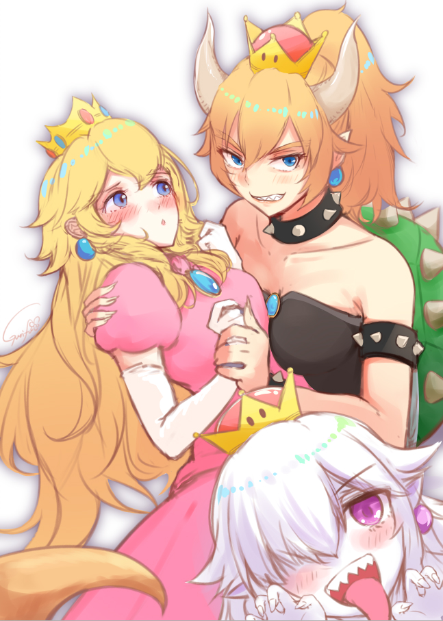 princess peach, bowsette, and princess king boo (mario and 2 more) drawn by gurifu
