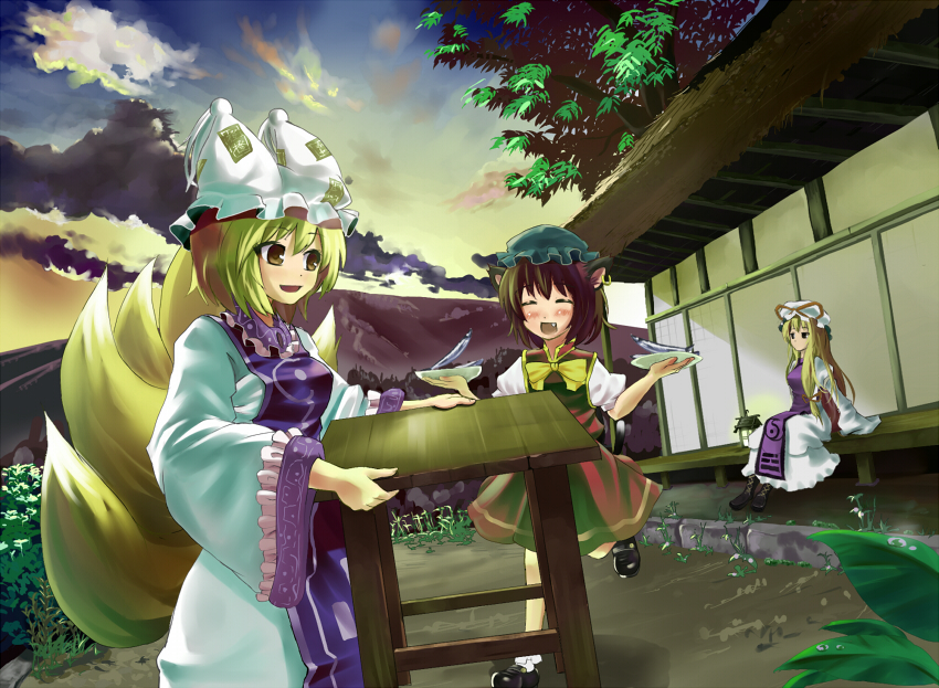 yakumo yukari, yakumo ran, and chen (touhou) drawn by hidebo