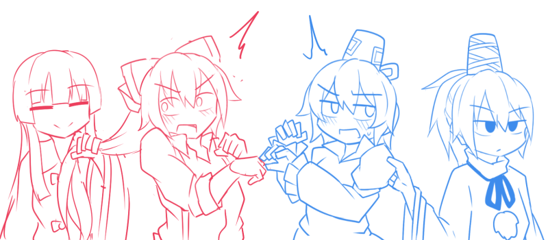 fujiwara no mokou, houraisan kaguya, mononobe no futo, and soga no tojiko (touhou) drawn by kuroba_rapid