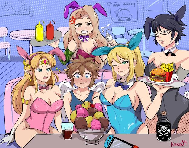 princess zelda, kirby, samus aran, pit, bayonetta, and 1 more (the legend of zelda and 7 more) drawn by karbuitt