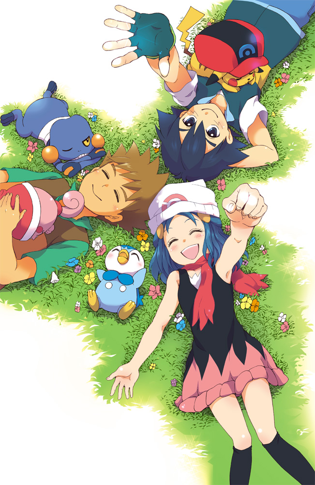 pikachu, dawn, ash ketchum, piplup, brock, and 2 more (pokemon and 1 more) drawn by haruno_(kujiram)