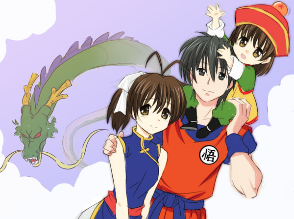 son goku, son gohan, furukawa nagisa, chi-chi, okazaki tomoya, and 2 more (dragon ball and 3 more) drawn by drawfag