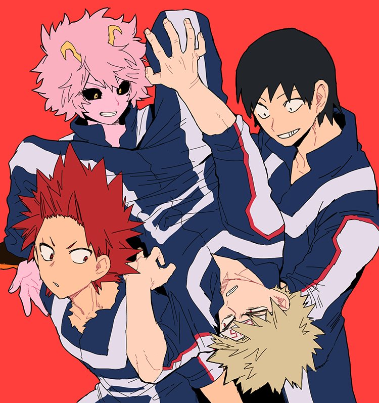 bakugou katsuki, ashido mina, kirishima eijiro, and sero hanta (boku no hero academia) drawn by abaraya