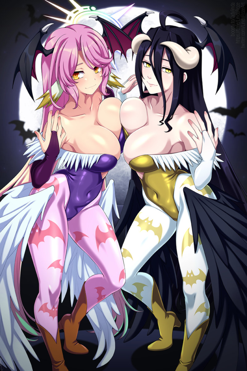 morrigan aensland, albedo, and jibril (darkstalkers and 2 more) drawn by lindaroze