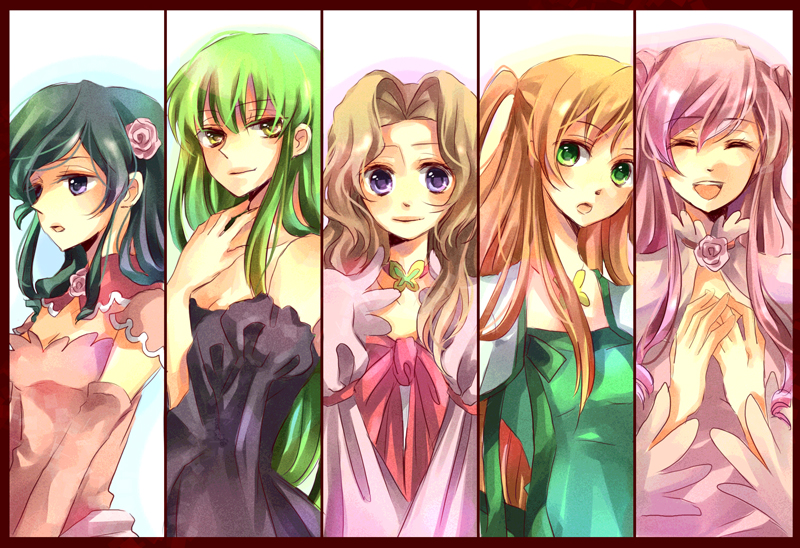 c.c., nunnally vi britannia, euphemia li britannia, shirley fenette, and nina einstein (code geass) drawn by yuzuki_karu