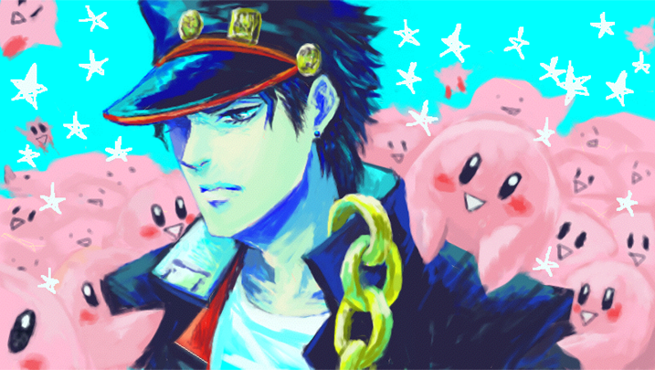 kirby and kujo jotaro (jojo no kimyou na bouken and 2 more) drawn by kawabeako