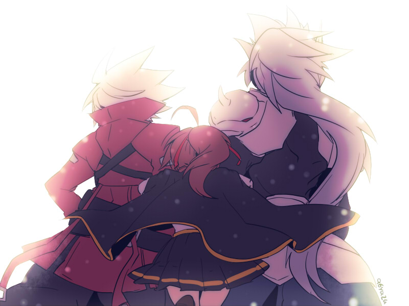 ragna the bloodedge, hakumen, and celica a. mercury (blazblue) drawn by kuro_yuzu