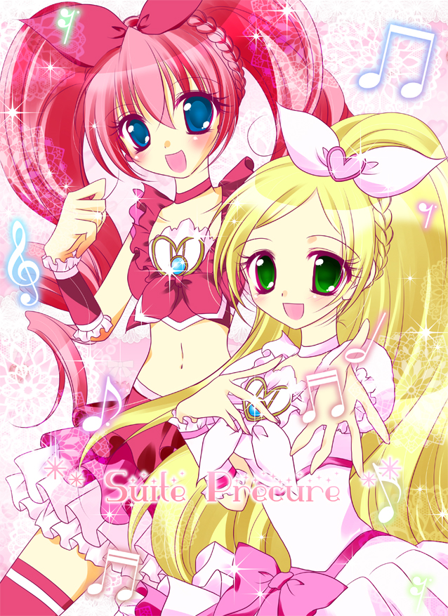 houjou hibiki, minamino kanade, cure melody, and cure rhythm (precure and 1 more) drawn by koron_(macarongirl27)