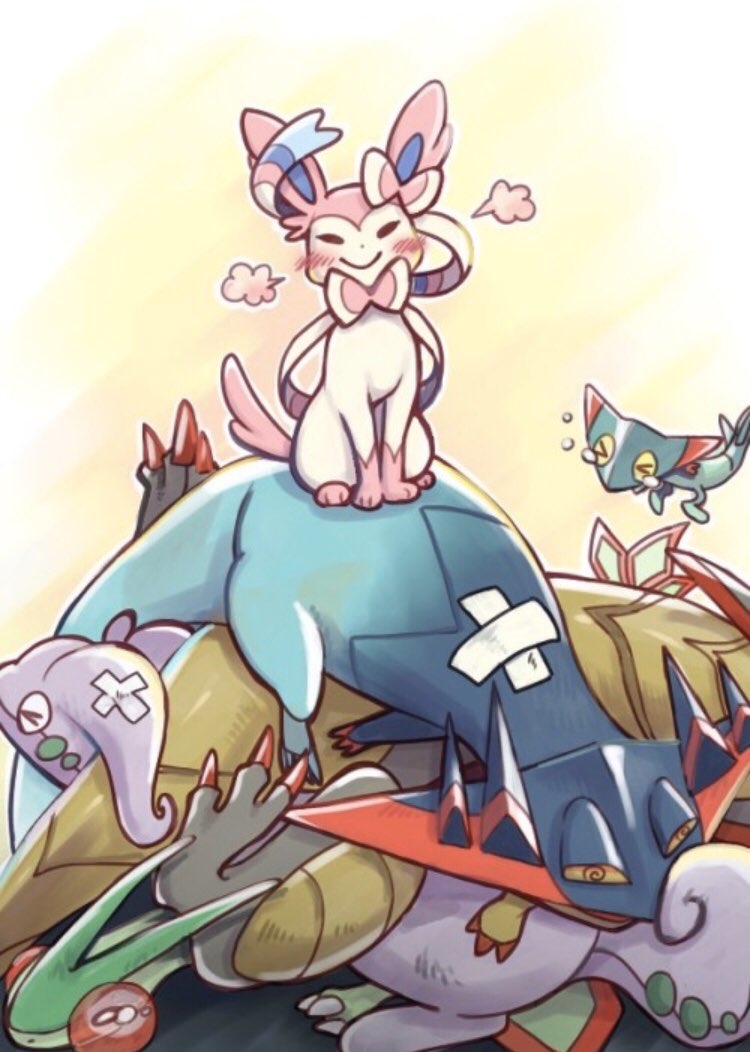 sylveon, flygon, dreepy, goodra, dragapult, and 1 more (pokemon) drawn by yukichi_(tsuknak1)