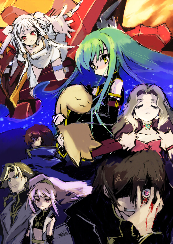 c.c., lelouch vi britannia, kururugi suzaku, nunnally vi britannia, anya alstreim, and 3 more (code geass and 1 more) drawn by xexu