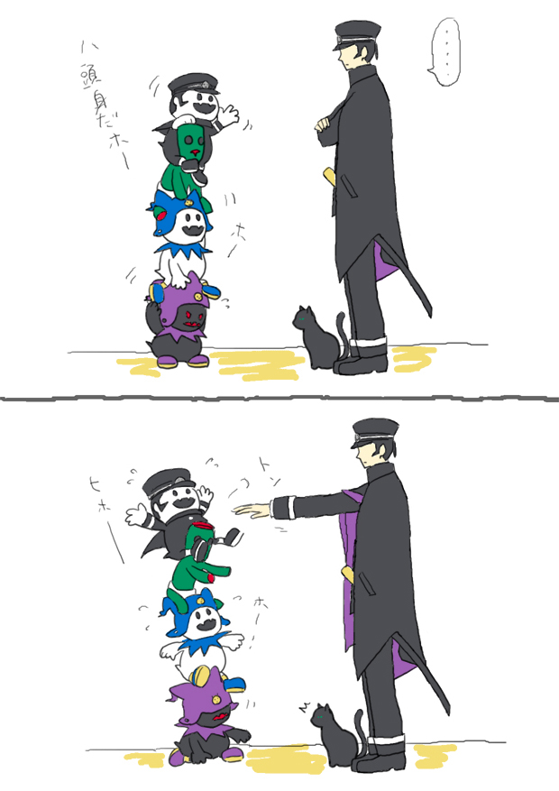 jack frost, kuzunoha raidou, gouto, black frost, mokoi, and 1 more (shin megami tensei and 2 more) drawn by meji