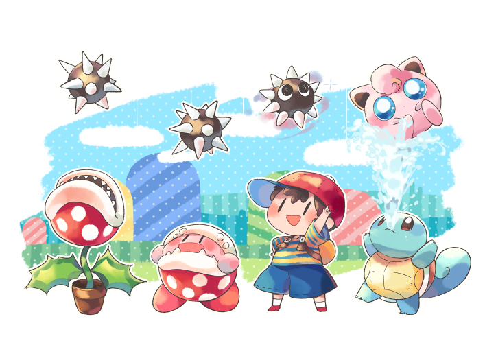 kirby, jigglypuff, squirtle, ness, piranha plant, and 1 more (pokemon and 5 more) drawn by hitofutarai