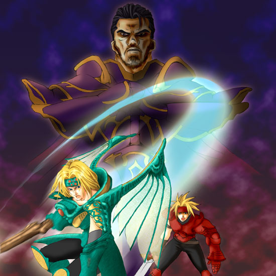 dart feld, albert, and emperor doel (the legend of dragoon) drawn by kankichi