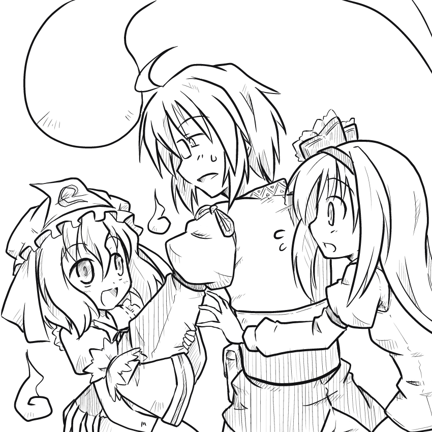 konpaku youmu, saigyouji yuyuko, and morichika rinnosuke (touhou) drawn by futa_(nabezoko)