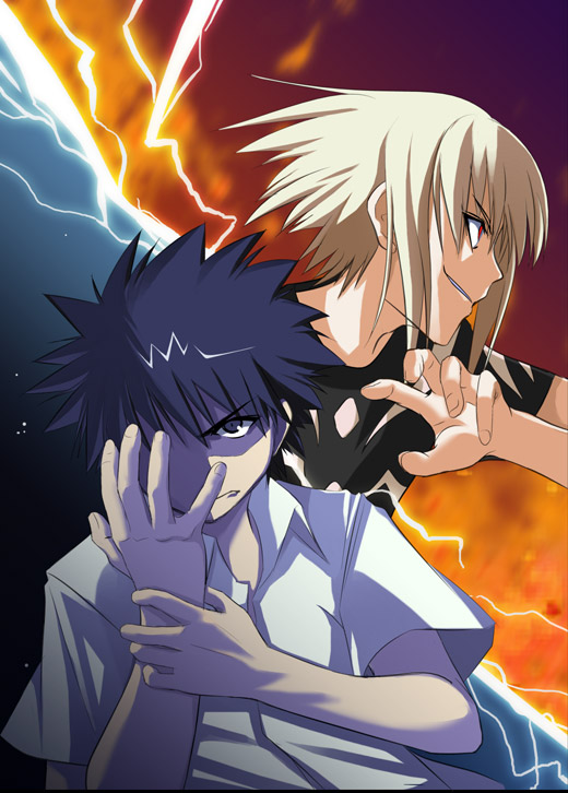 kamijou touma and accelerator (toaru majutsu no index and 1 more) drawn by yuuji_overall