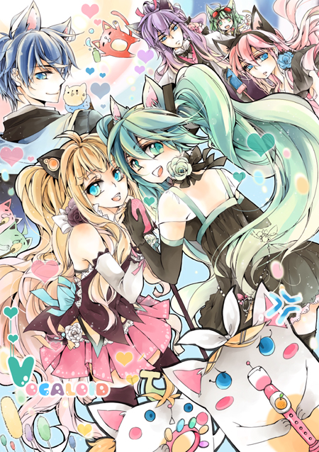 hatsune miku, kagamine rin, kagamine len, megurine luka, kaito, and 3 more (vocaloid) drawn by makisi17