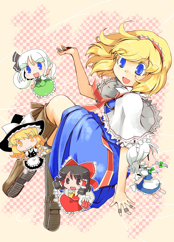 hakurei reimu, kirisame marisa, izayoi sakuya, konpaku youmu, and alice margatroid (touhou) drawn by kanoe_soushi