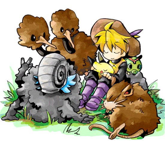 pikachu, yellow, caterpie, pika, omanyte, and 3 more (pokemon and 1 more) drawn by izumi_asuka