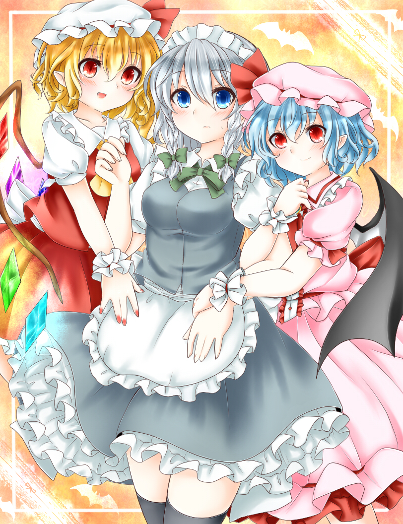 remilia scarlet, flandre scarlet, and izayoi sakuya (touhou) drawn by posoposo